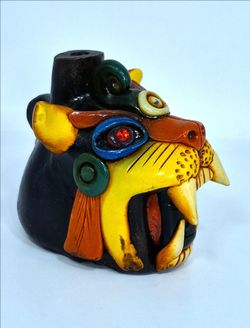 Mexican Clay Jaguar Death Whistle - Aztec/Mayan Style Folk Art