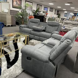 2PC Gray Sofa & Loveseat 🔥 Rocking & Reclining 