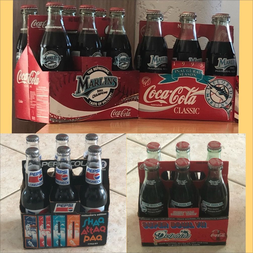 Collectors Edition Coca Cola Bottles. Florida Marlins, Miami Dolphins, 96 Olympics. Coke Bottle. Pepsi SHAQ Collectible Bottles. SEE PRICES BELOW.