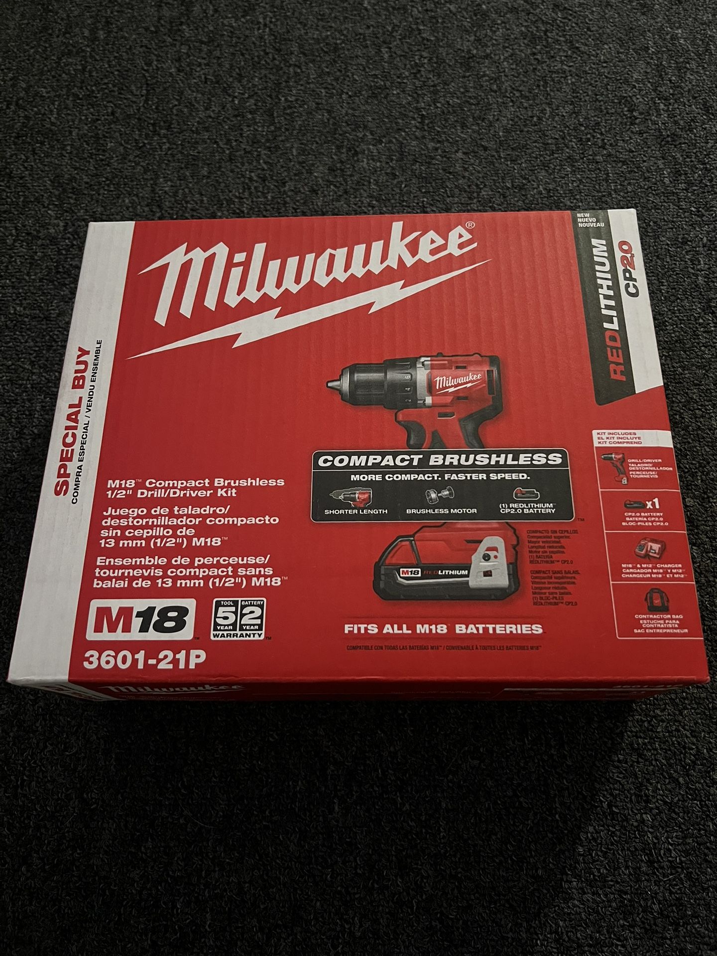 Milwaukee 3601-21P M18 Compact Cordless Brushless 1/2" Drill/Driver Kit