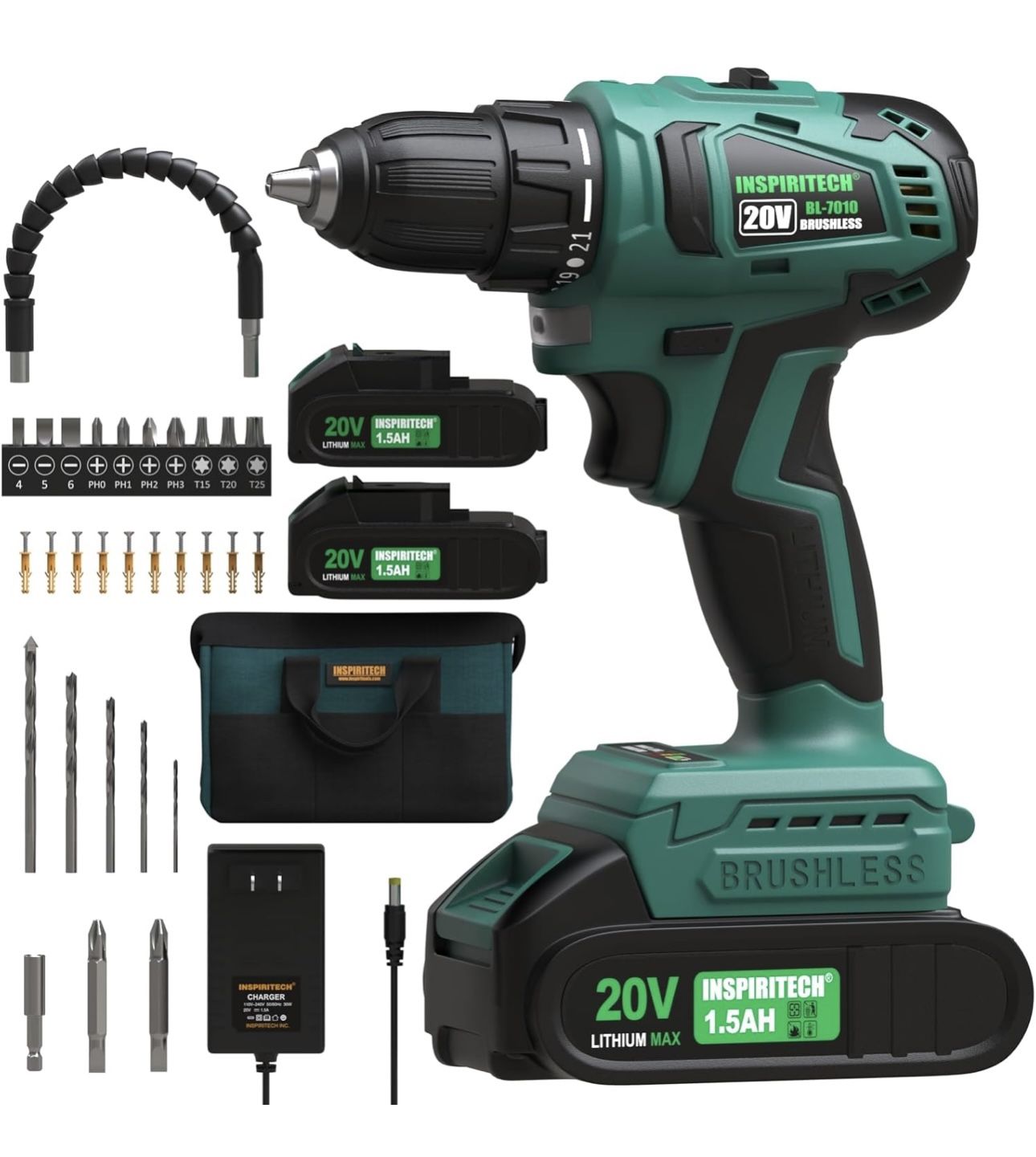Inspiritech Cordless Power Drill Set with 2 Batteries and Charger
