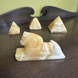 Egyptian Hand Carved Alabaster Sphinx and Pyramid Decor 4 Pieces 