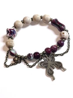 Bronze Butterfly Bracelet Burgundy Star  Tan Boho Ceramic Elastic Stretchyd