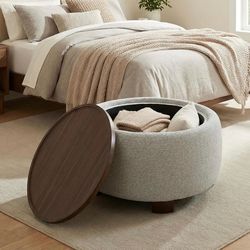 Round Ottoman w/ Solid Wood Top and Legs - VK413BEI