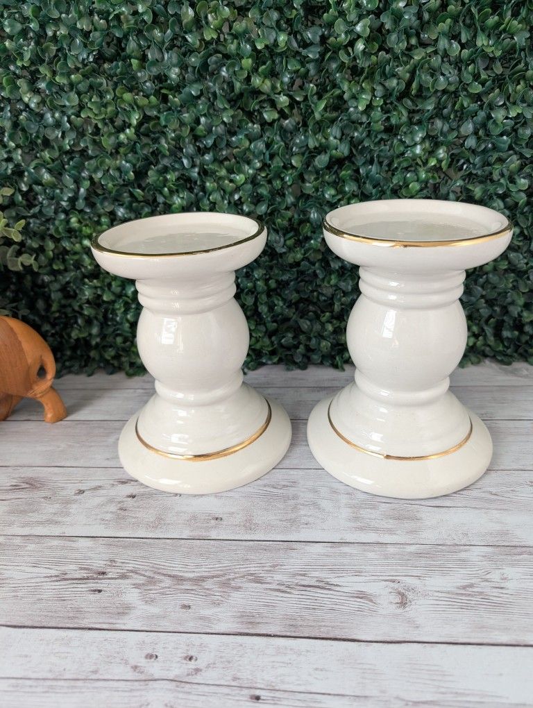Porcelain Pillar Candle Holders Ivory Color With Gold Trim 6.5" Tall