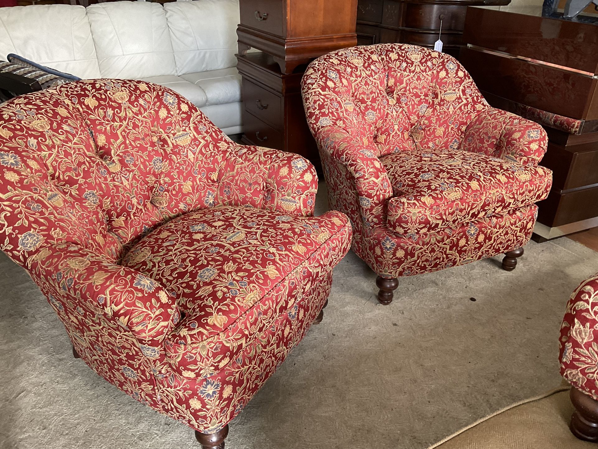 Pair of Red Chairs With Ottoman 