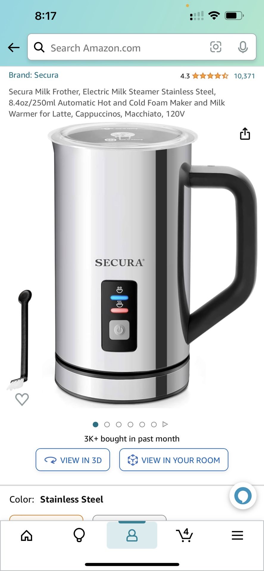 Secura Milk Frother, Electric Milk Steamer Stainless Steel, 8.4oz/250ml Automatic Hot and Cold Foam Maker and Milk Warmer for Latte, Cappuccinos, Macc