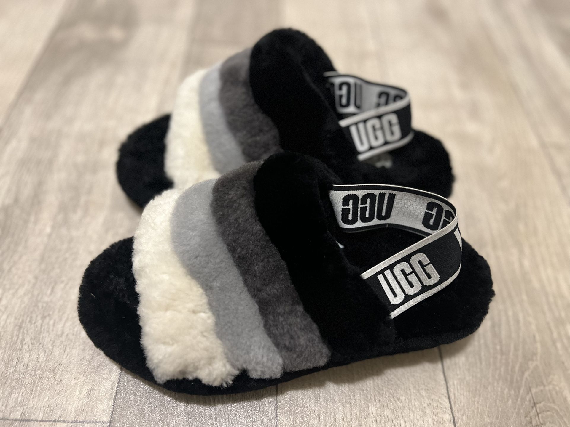 UGG Fluff Yeah Slide On Sandals Slippers Sz 6 Black Gray Sherpa Slingback