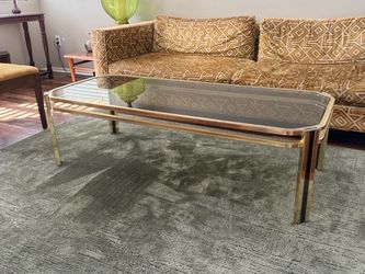 1970s Mid Century Hollywood Regency Brass Smoked Glass Coffee Table