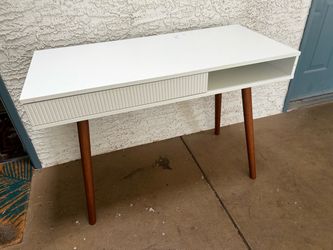 White Mid-Century Modern Desk with Wood Legs