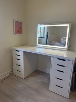 White Vanity Desk with Drawers and LED Mirror