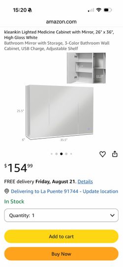 kleankin Lighted Medicine Cabinet with Mirror, 26" x 36", High Gloss White Bathroom Mirror with Storage, 3-Color Bathroom Wall Cabinet, USB Charge, Ad