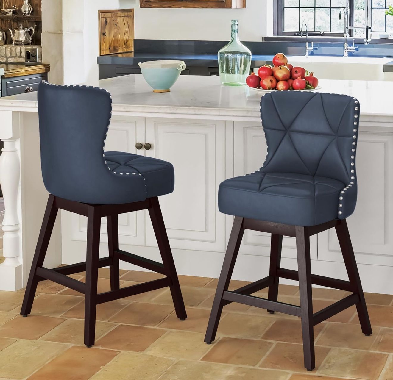 Counter Height Bar Stools Set of 2, 26" H Swivel Bar Stool with Back, Faux Leather Counter Stool, Solid Wood Legs, Retro Upholstered Barstools for Kit