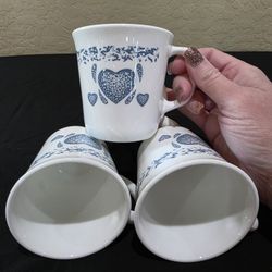 Corning Corelle Blue Sponge Heart Coffee Mug Cup Set Of 4