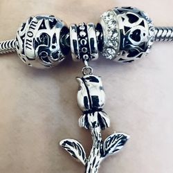 3 Charms  For Pandora 925 Sterling Silver Mom Rose And Swarovski Love Hearts Charm