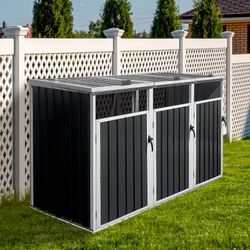 Garbage Bin Shed Stores 3 Trash Cans Metal Outdoor Bin Shed for Garbage Storage,Grey