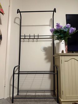 Black Metal Entryway Coat Rack with Shoe Shelves