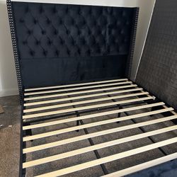 PaPaJet King Size Bed Frame, Velvet Modern Upholstered, Black