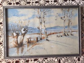 Beautiful Antique Original Watercolor in Ornate Wood Frame/birds/winter