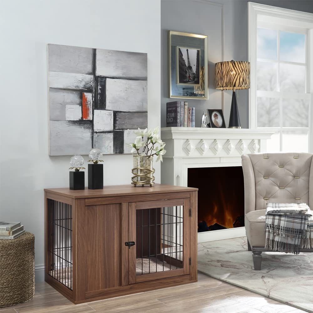 Furniture Style Dog Crate End Table with Cushion, Wooden Wire Pet Kennels with Double Doors, Medium Dog House Indoor Use (Walnut, L36’’ W23’’ H27’’) 