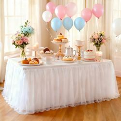 1-Pack White 2-in-1 Tulle Tablecloth for 6-Foot Rectangular Table – Stretch Fitted Table Skirt & Cover for Baby Shower, Bridal, Birthday, Princess Par