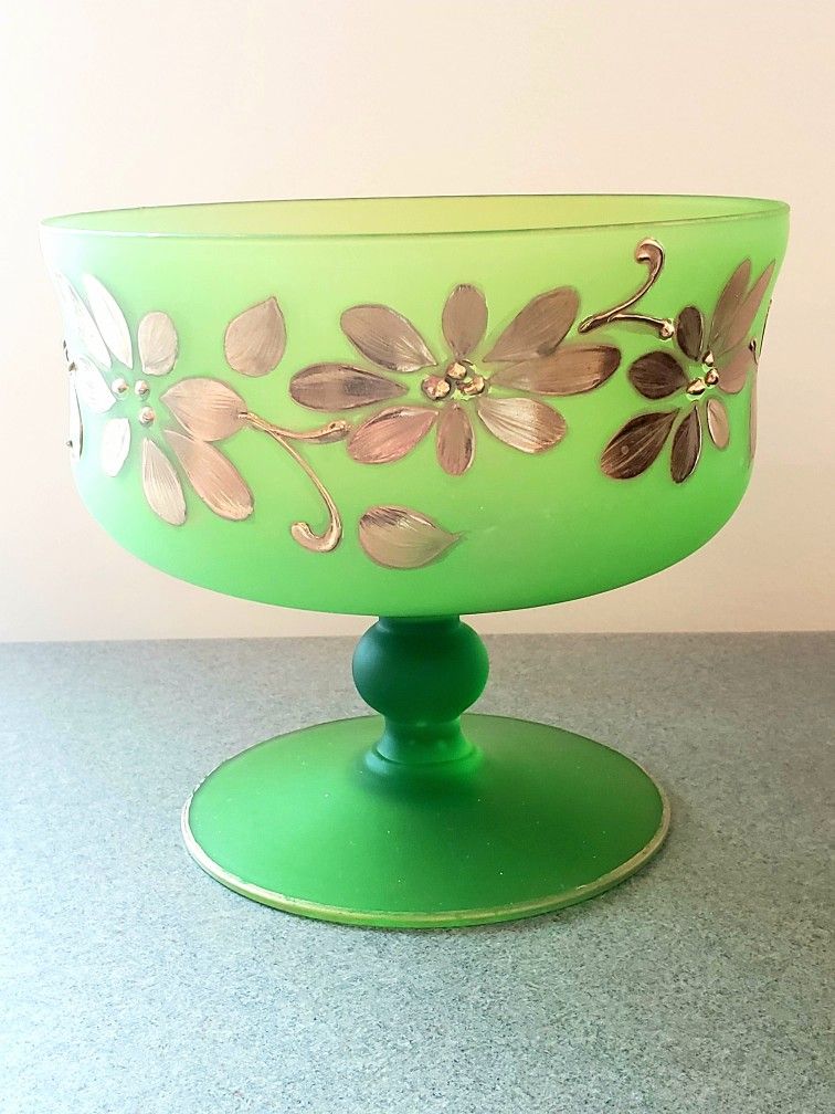 Vintage Frosted Green Glass Dish Vase With Gold Flower Accent