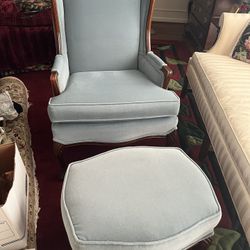 L. Blue AntiqueFrench Style Chair W/ Ottoman 