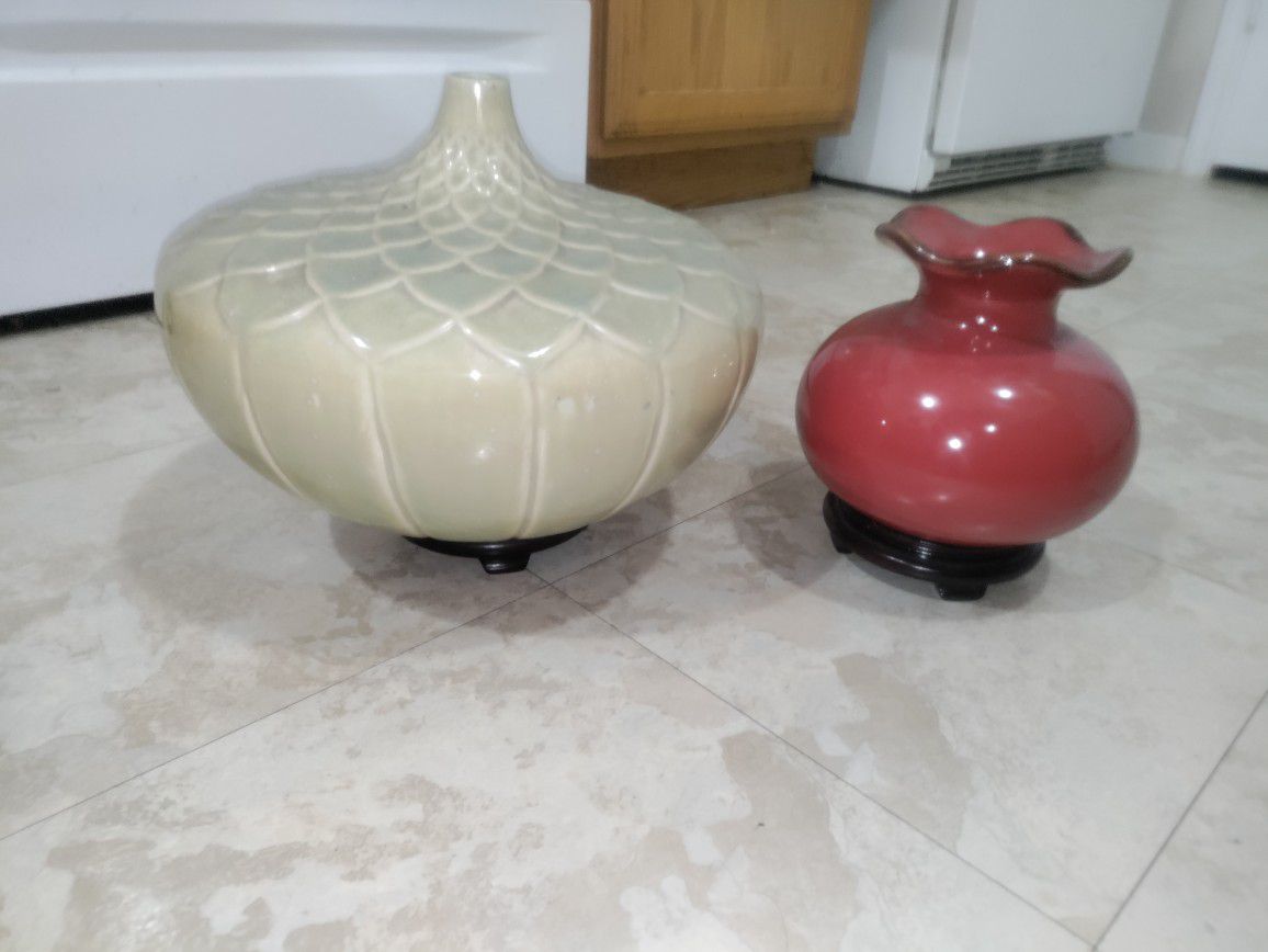 TWO Ceramic VASES w/ Wooden Stands Large Green vase 13" Across 1-ft Ht Smaller Red Vase 7.5" Across