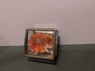 Vintage Brass Glass Trinket Box - Hand-Painted Flower & Mirror Base