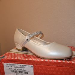 Ivory Low Heel Girls Dress Shoe w/ Rhinestone Strap