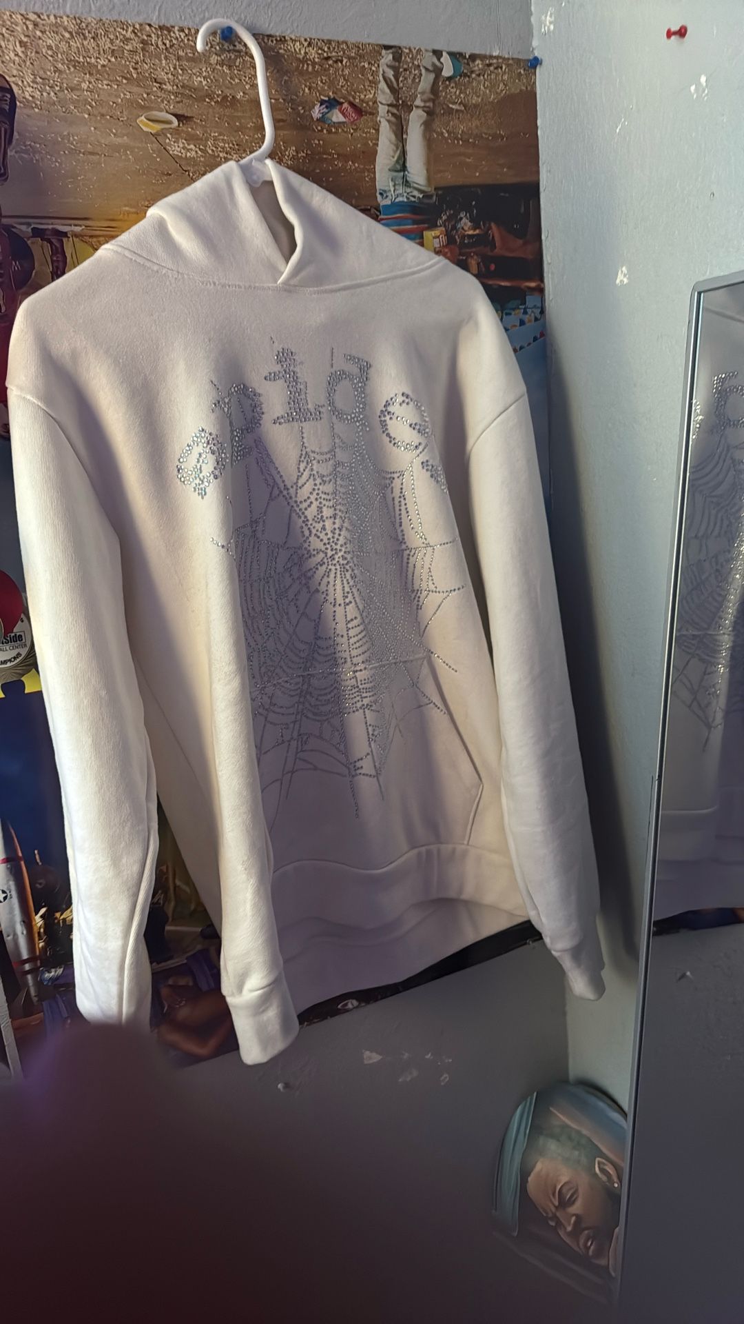 Sp5der Hoodie White Rhinestone