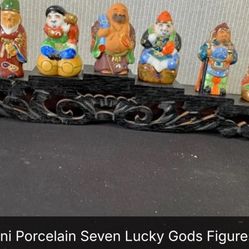 Vintage Japanese Kutani Porcelain Seven Lucky Gods Set + Carved Stand