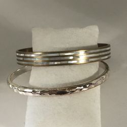 Two Bangle Bracelets Gold & Silver Tone Mother Of Pearl Stripes