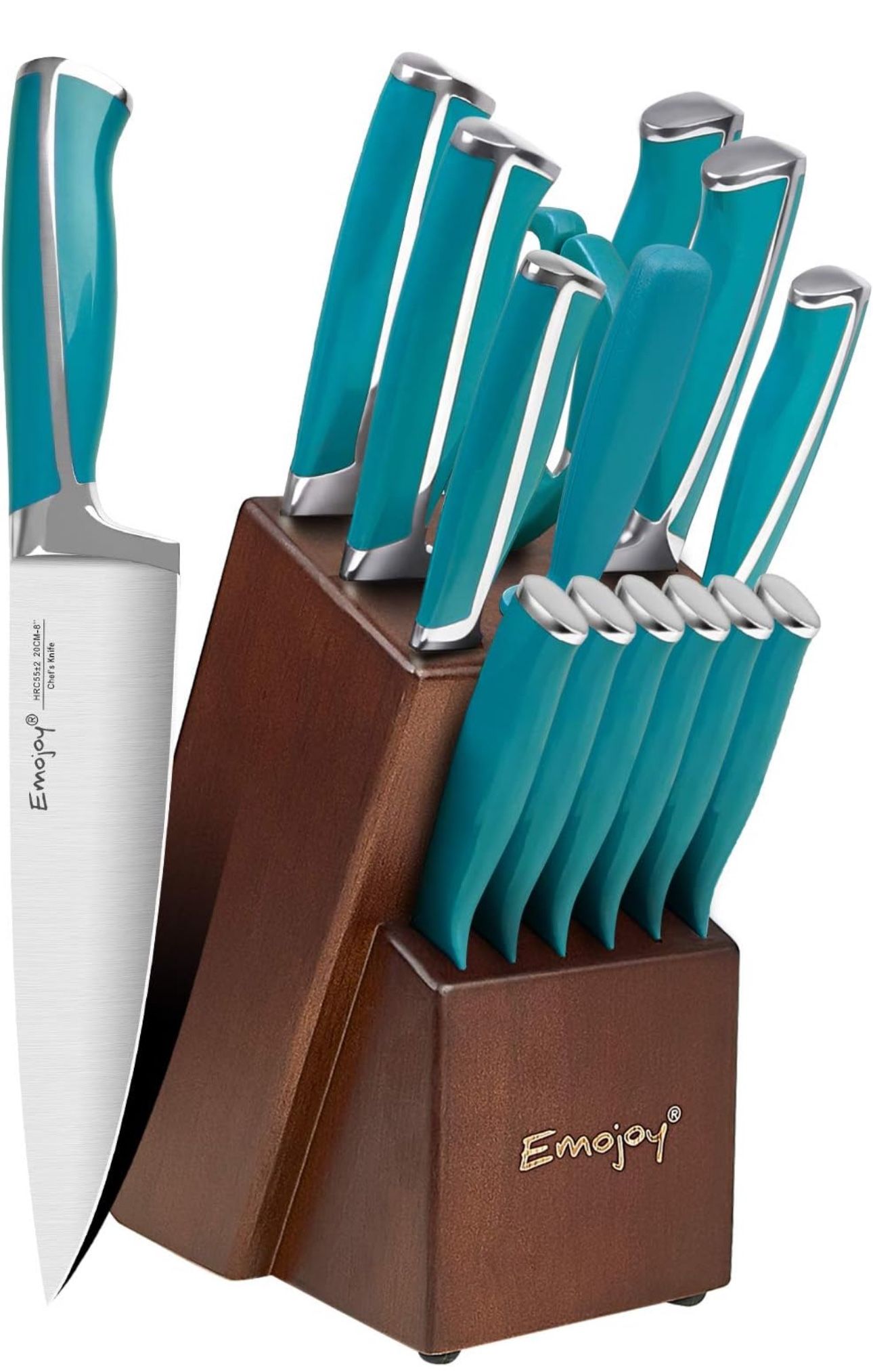 Emojoy Knife Set, 15-Piece Kitchen Knife Set with Block Wooden, Lake Blue Handle for Chef Knife Set, Kitchen Knives Sharpener and Scissors German Stai