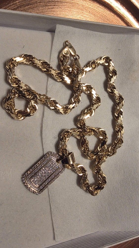 111 Grams 8mm SOLID 10k Diamond Cut Rope Chain with 2.0ct Diamond Dog Tag. 