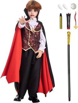 LIKE NEW Sz Small Boys Vampire Halloween Costume Scary Party Teeth Cane & Cosmetic Kit
