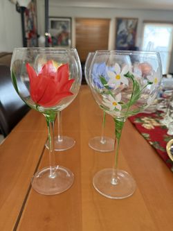 Blocks Basics Hand Painted Floral Wine Glasses - Set Of 4, Like New
