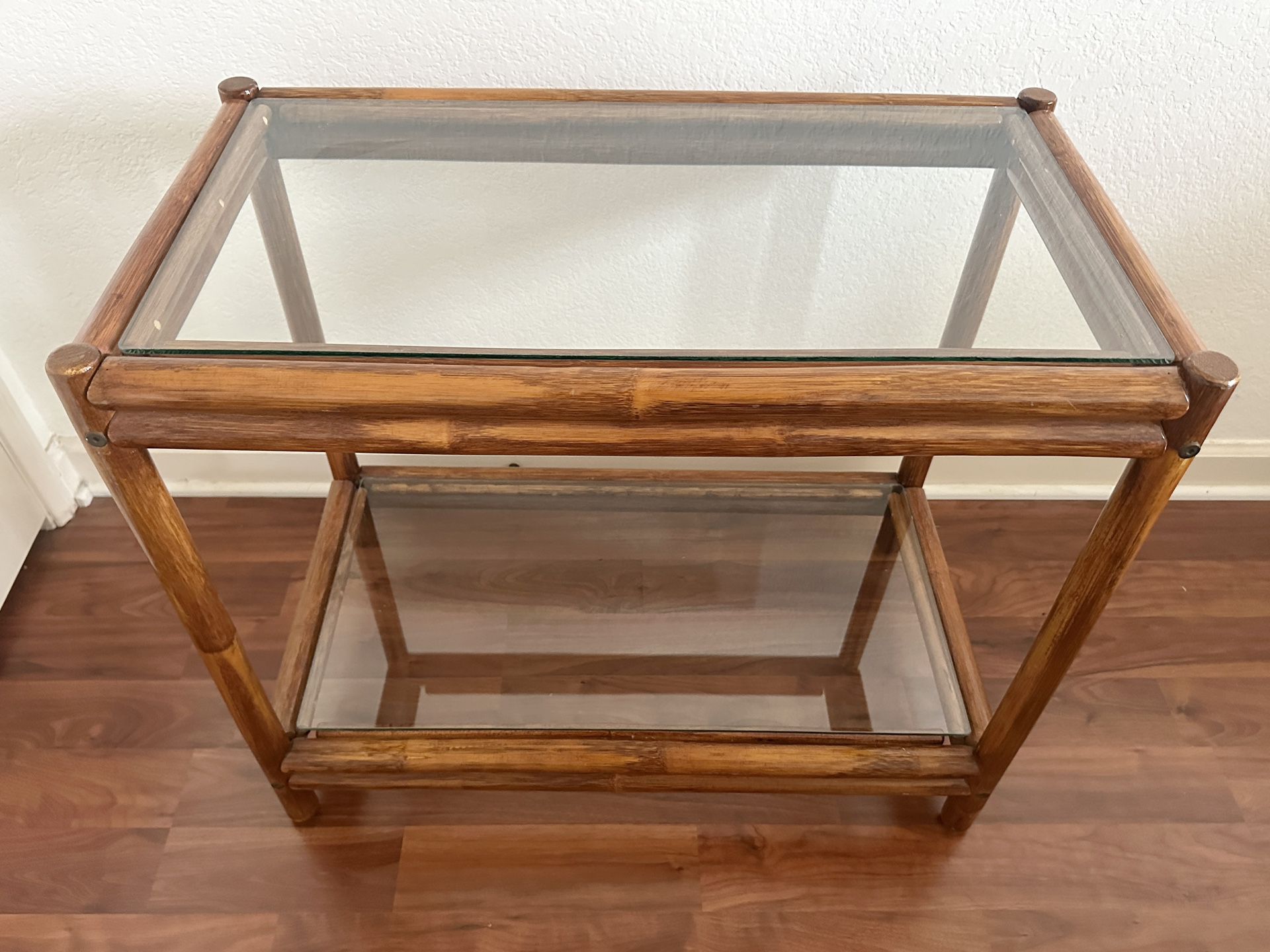 Rattan Side End Table With 2 Glass Shelves