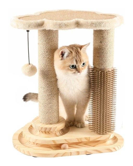 Cat Scratching Post, Cat Self Groomer for Indoor Cats, Cloud Soft Perch for Rest, 17.5" Tall Natural Sisal Scratcher Cat Grooming Interactive Ball Tra