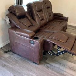 Super Sale | Genuine Leather Brown Power Reclining Sofa Couch With Adjustable Headrest,Cup Holders, USB Port | Brand New Theater Couch | Owner's Box 