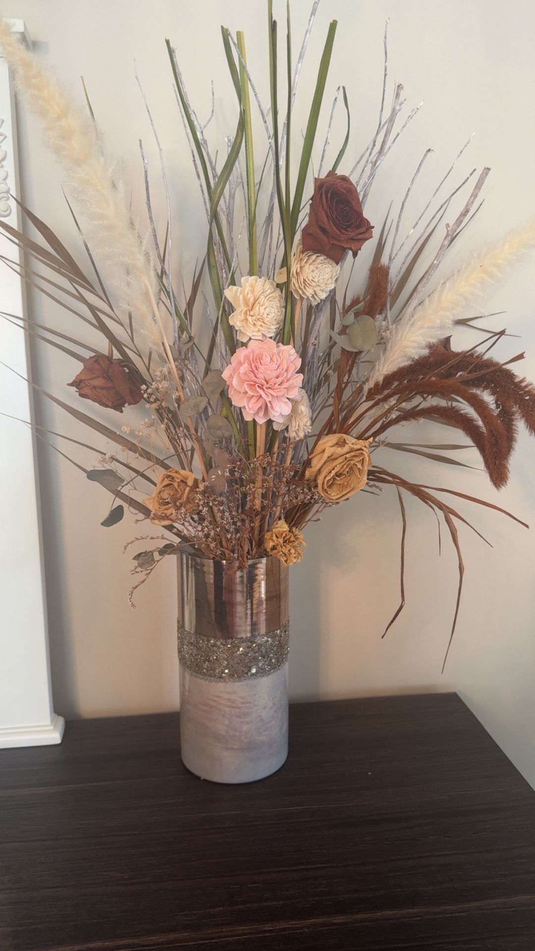 36” Dried Real Flowers Decor In Decorative Gold Pot