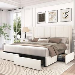 Queen Size Bed Frame Upholstered Platform Beds with 4 Storage Drawers, Wingback Bed Frame with Wooden Slats Support, Beige