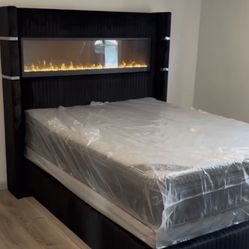 Brand New Elegant Queen Size Fireplace Bed Frame 
