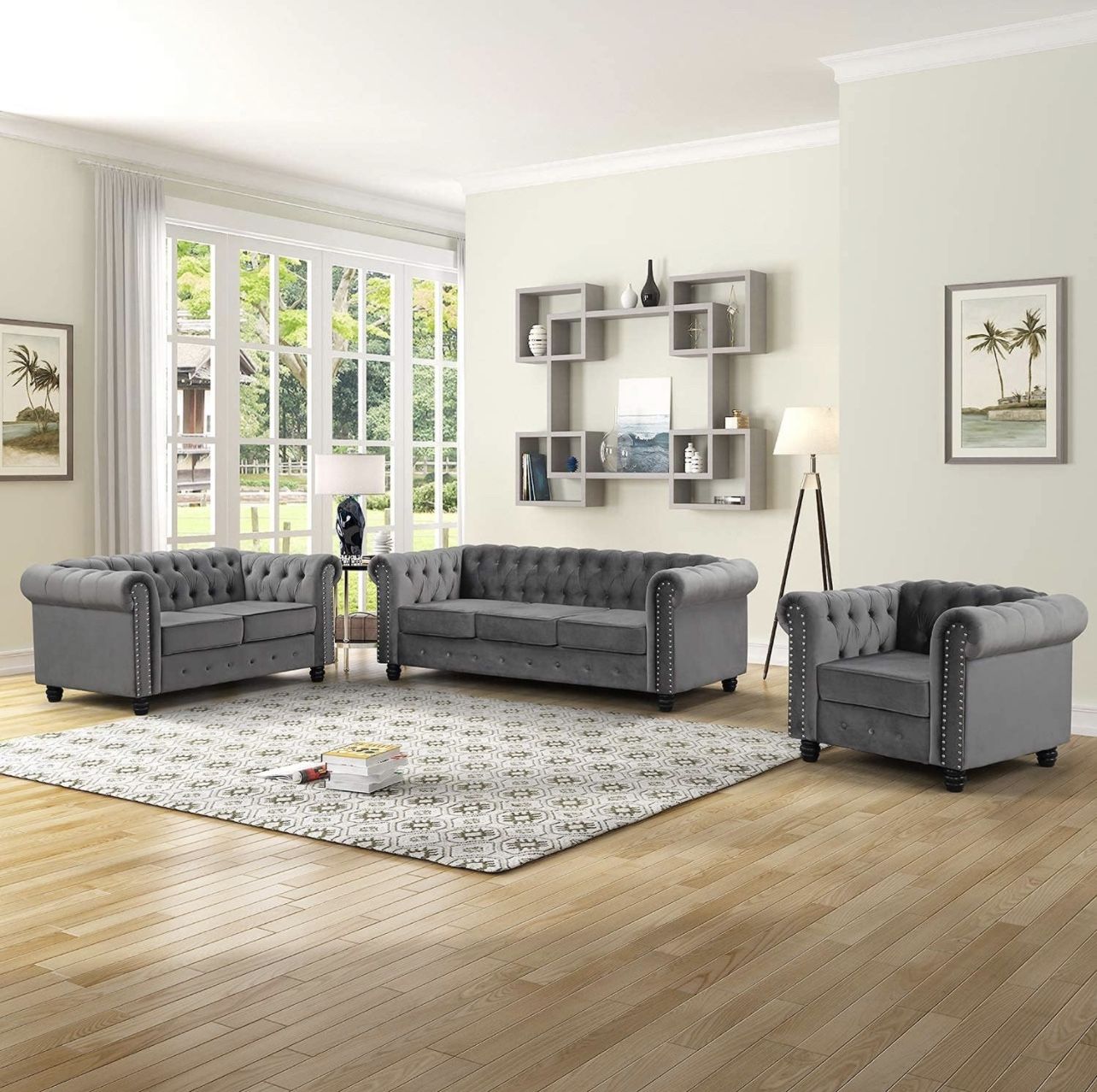 Chesterfield Furniture Sets 3 pieces Velvet Grey for Sale in Rancho