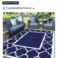 New/Sealed 6 X 9 Outdoor Rug Blue White Geometric