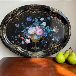Vintage 1960s Large Tray | Black Metal and Gold Floral | Serving Tray | Designed by Patricia Machin