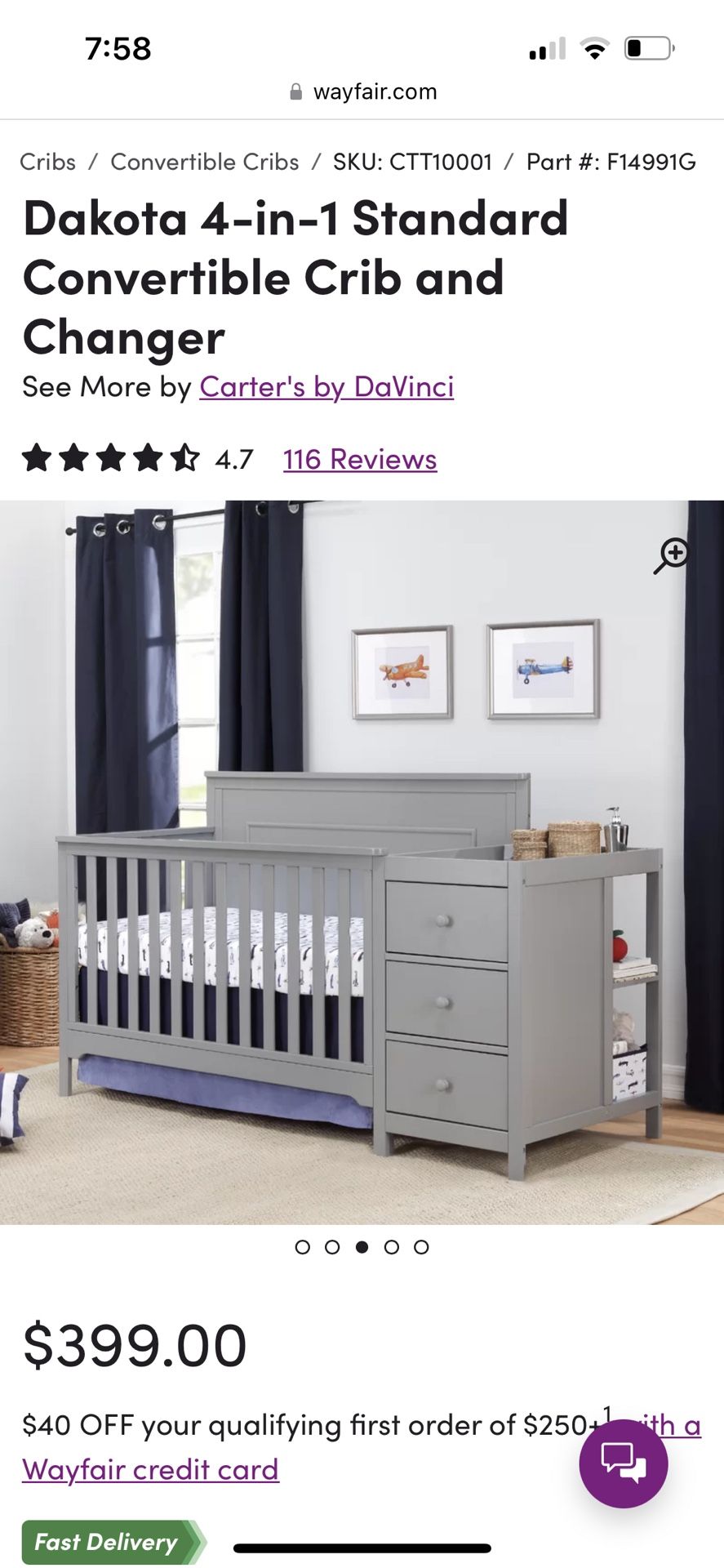 Gray crib- Dakota 4-1 Convertible Crib By daVincci