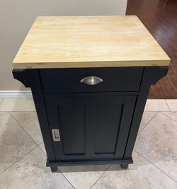 Crate & Barrel Solid Wood Storage Cabinet with Butcher Block Top – $150