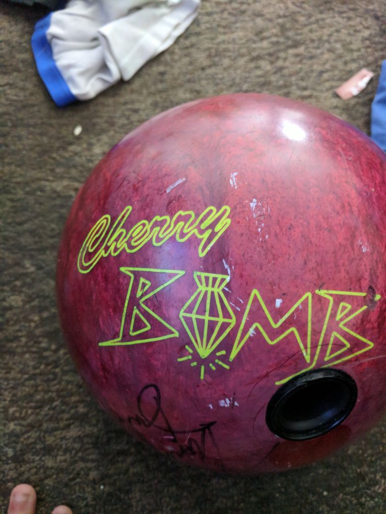 Discontinued Lane 1 Cherry Bomb autographed by Norm Duke Parker Bohn III Mike machuga Jimmy Pritts Junior and Brian ziesig