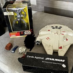 Star Wars Bundle Millennium Falcon, Ships, Figures & Cards Against Humanity Game + 1999 Episode 1 Destroyer Droid Room Alarm